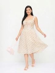 Cotton-blend Sculptural Halter Neckline Ditsy Floral Shirred Aline Midi Dresses Curve & Plus