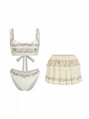 Scoop Neckline Floral Bracelet Cheeky Bikini Set With Ruffle Beach Skirt