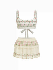 Scoop Neckline Floral Bracelet Cheeky Bikini Set With Ruffle Beach Skirt