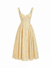 Cotton-blend Floral Sweetheart Neck Ruched Flared Midi Dress