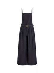 Denim Mid Rise Metal Detail Oversized Wide Leg Jumpsuit With Belt