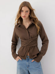 Collar Wrap Ruched Bowknot Long Sleeve Blouse