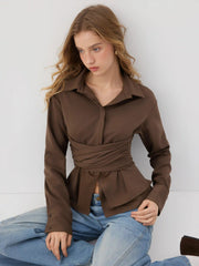 Collar Wrap Ruched Bowknot Long Sleeve Blouse