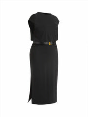 Round Neckline Split Straight Maxi Dress With Belt Curve & Plus