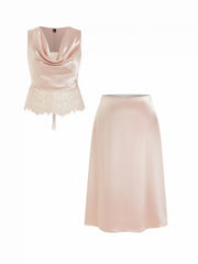 Satin Cowl Neck Lace Panel Top & Mid Rise Flared Maxi Skirt Set Curve & Plus