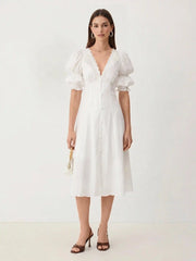 Broderie Anglaise Rose Floral V-neck Puff Sleeve Flared Midi Dress