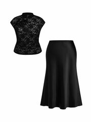 Lace Mandarin Collar Knotted Ruched See-through Top & Satin Mid Rise Maxi Skirt Set Curve & Plus