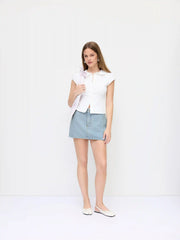Denim Low Rise Washed Metal Detail A-line Mini Skort