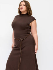Knit High Neck A-line Maxi Dress With Belt Curve & Plus
