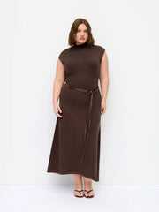 Knit High Neck A-line Maxi Dress With Belt Curve & Plus