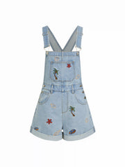 Denim Washed Embroidery Mid Rise Metal Detail Oversized Short Overalls