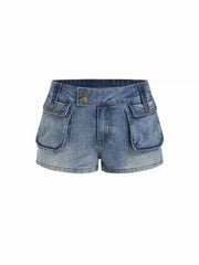 Denim Low Rise Shorts with Large Flap Pockets