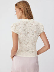 Floral Lace Stand Collar Cut Out Bowknot Short Sleeve Top