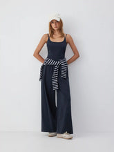 Cotton-blend Mid Rise Scoop Neck Twist Knotted Ruched Wide Leg Jumpsuit