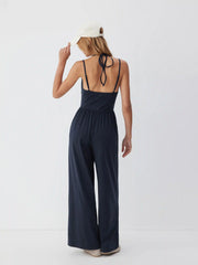 Cotton-blend Mid Rise Scoop Neck Twist Knotted Ruched Wide Leg Jumpsuit