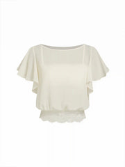 Boat Neck Bell Sleeve Lace Panel Oversized Blouse