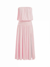 Draped Strapless Ruched Side Slit Flared Maxi Dress