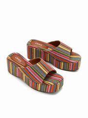 STRIPED PLATFORM WEDGE HEELED SANDALS