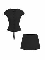 Puff Sleeve Button Front Peplum Top & Mid Rise Straight Shorts Set