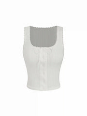 Pointelle Textured Scoop Neck Lace Trim Bowknot Tank Top
