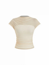Mesh High Neck Sleeveless Draped Ruched Top