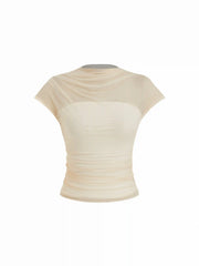 Mesh High Neck Sleeveless Draped Ruched Top