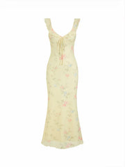 Mesh Floral Graphic V-neck Knotted Mermaid Maxi Dress