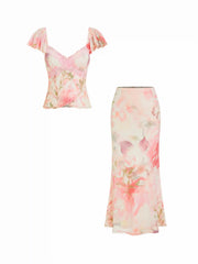 Floral Lace Trim Top and Maxi Skirt Set