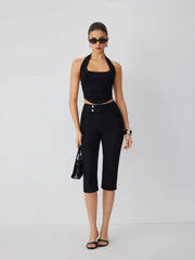 Low Rise Metal Button Straight Leg Capris