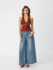 Floral Jacquard Lace Halter Neckline Ring Detail Tank Top