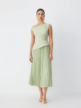 Asymmetrical Neck Pleated Flared Maxi Dress