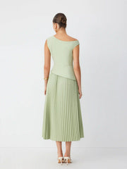 Asymmetrical Neck Pleated Flared Maxi Dress