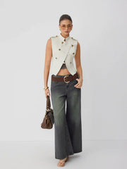 Cotton-blend Asymmetrical Metal Detail Stand Collar Jacket Vest