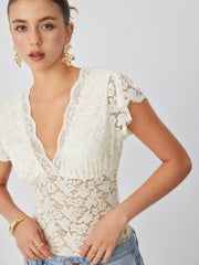 Lace Floral V-neck Ruffle Sleeve Lace Panel Shirt Bodysuit
