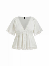 Satin V-Neck Lace Panel Ruffle Sleeve Blouse Curve & Plus