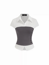 Two-Tone Mock Bustier Collared Short Sleeve Shirt