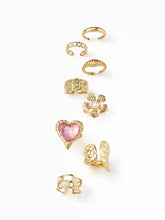 8PCS FLOWER & HEART & TEXTURED RING SET