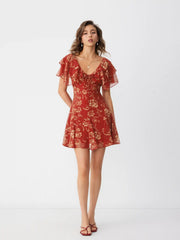 Chiffon V-Neck Dolman Sleeve Floral ALINE Short Dress
