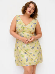 Fruit Checks V-neck Bowknot A-line Mini Dress Curve & Plus