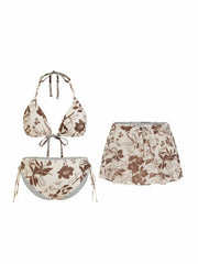 Halter Neckline Floral Triangle Bikini Set With Sarong Curve & Plus