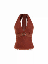 Floral Jacquard Lace Halter Neckline Ring Detail Tank Top