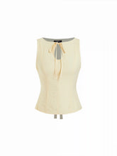 Linen-blend Boat Neck Knotted Sleeveless Blouse