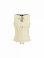Linen-blend Boat Neck Knotted Sleeveless Blouse