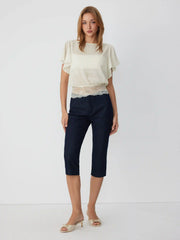 Boat Neck Bell Sleeve Lace Panel Oversized Blouse