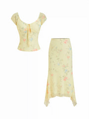 Mesh Floral Ruched Tie Front Top & Mid Rise Maxi Skirt Set