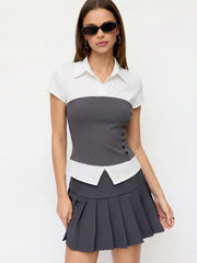 Two-Tone Mock Bustier Collared Short Sleeve Shirt