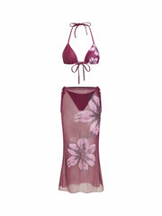 Halter Neckline Floral Triangle Tie Side 3 Piece Bikini Set