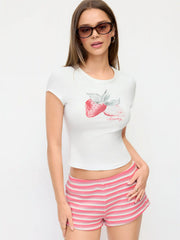 Strawberry Graphic Round Neck Tee and Striped Shorts Set