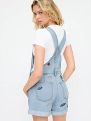 Denim Washed Embroidery Mid Rise Metal Detail Oversized Short Overalls
