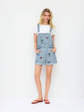 Denim Washed Embroidery Mid Rise Metal Detail Oversized Short Overalls